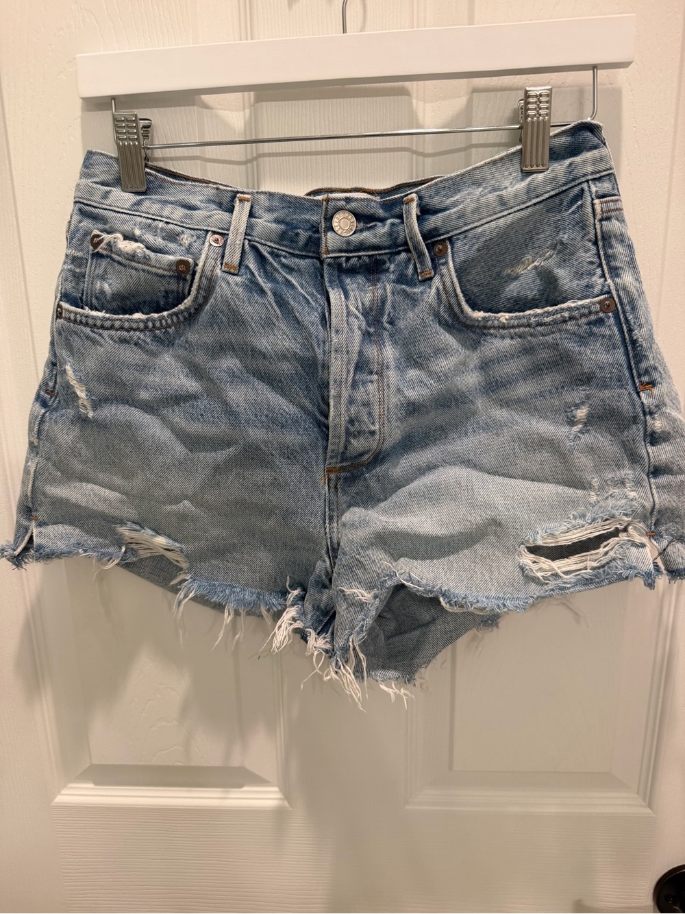 AGOLDE Jaden High Rise Cut Off Denim Shorts Light Wash Distressed Size 28